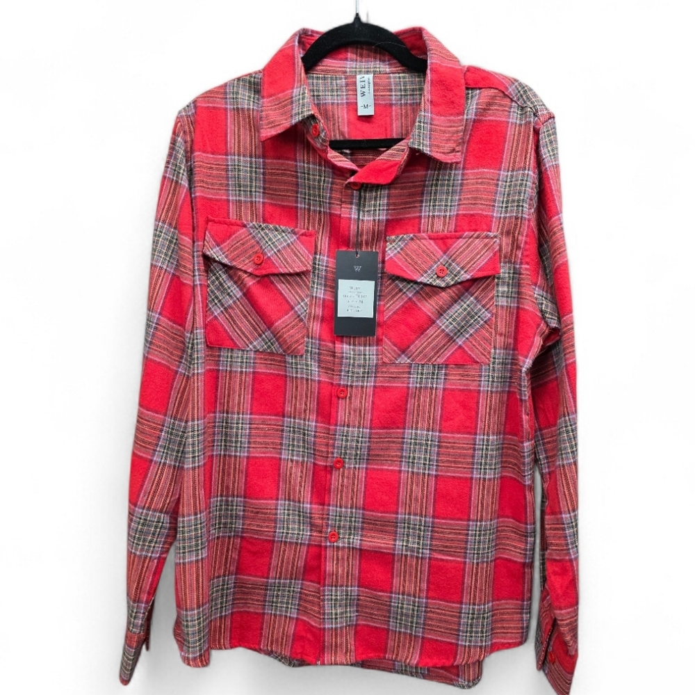 WEIV LA Red Plaid Flannel Button Up Shirt Cotton Blend Streetwear M NWT Grunge‎